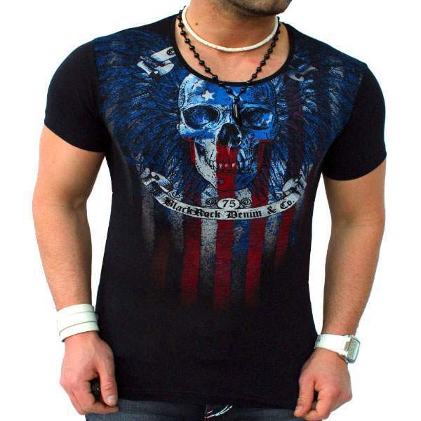 T-shirt à manches courtes ajusté Slim Fit Tete de Mort Usa Flag Noir